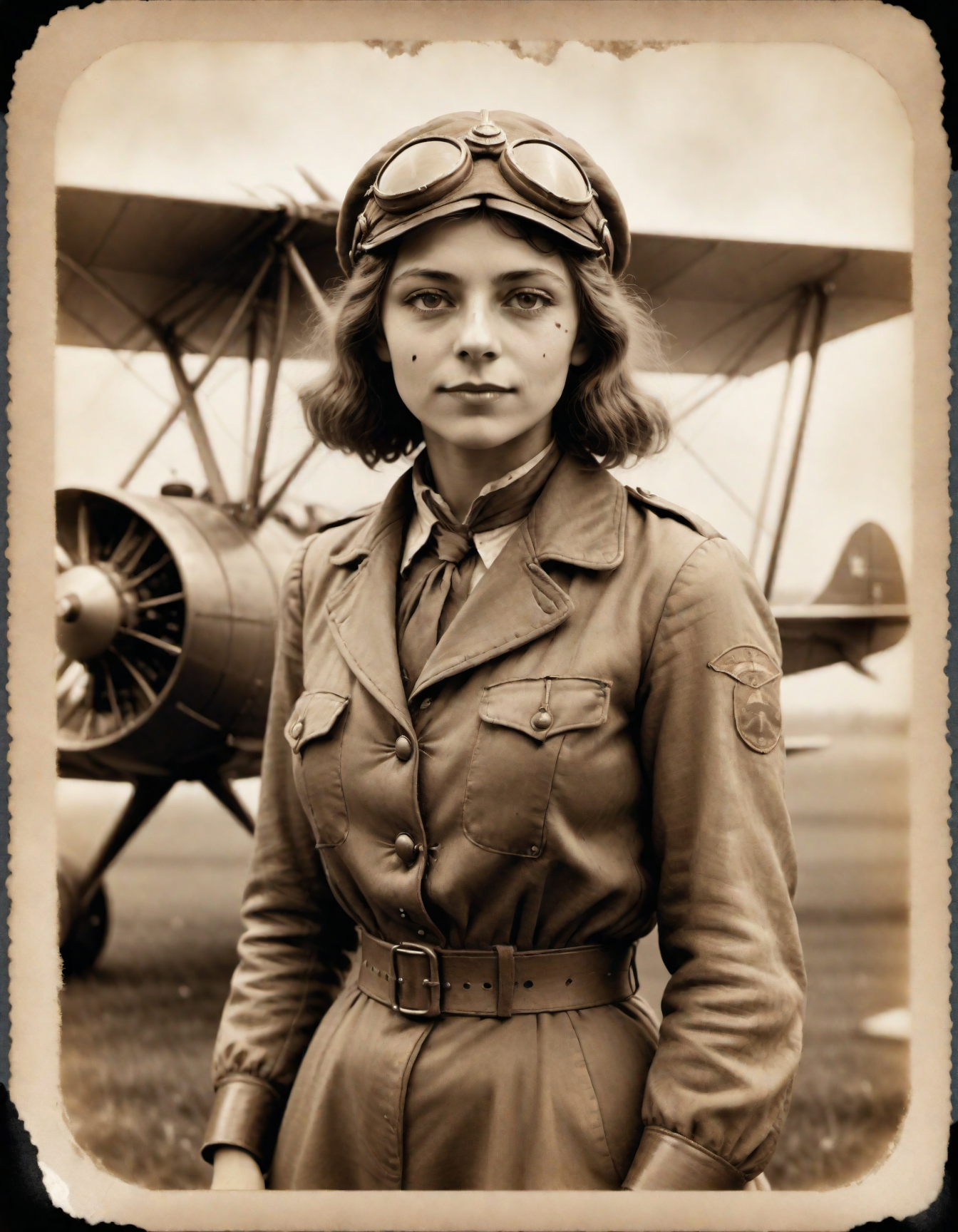 1914 photo of a female biplane pilot, 1900 pilot outfit, in a sepia style , ((old photo style)) , (( made with an  bellows...